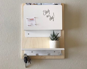 Handmade Wall Organizer: White Steel, Wood Entryway Shelf & Key Rack