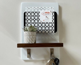 Mid Century Modern Wall Organizer, Mail Magazine Rack with Key Hooks