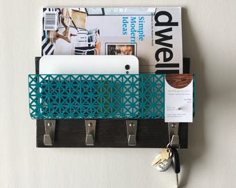 Mid Century Modern Steel Mail & Magazine Rack with Key Hooks