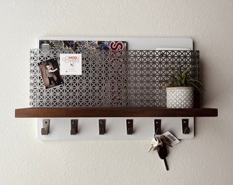 Mid Century Modern White Walnut Entryway Organizer, Magnetic Memo Board