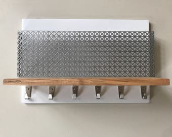 Mid Century Modern Mail Organizer, White Perforated Steel, Key and Coat Rack