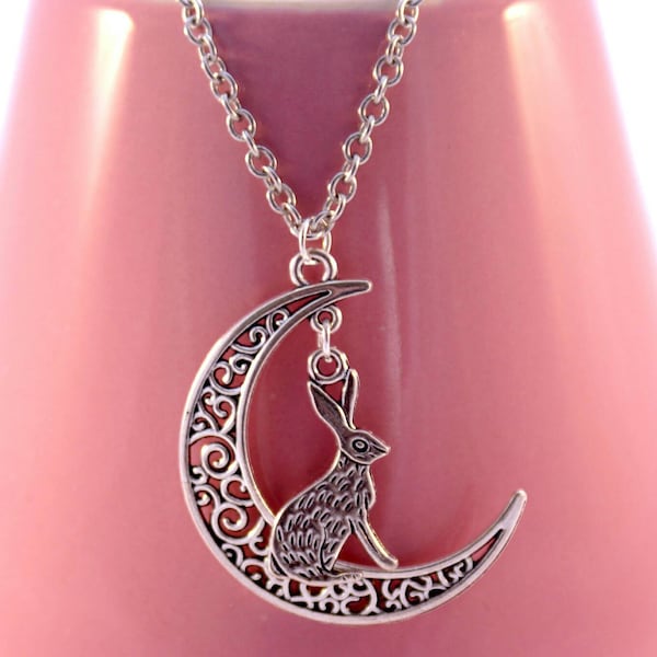 Hare necklace, moon gift, woodland pendant, moon gazing hare, moon pendant, pagan necklace, nature jewelry, rabbit necklace, magical hare