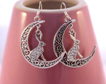 Hare dangles, woodland earrings, moon gazing hare, moon earrings, pagan earrings, nature earrings, moon dangles, rabbit dangle, magical hare