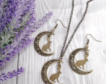 Bronze hare jewelry set, pagan dangles, moon gift, woodland pendant, moon gazing hare, moon pendant, pagan jewelry set, matching gift set