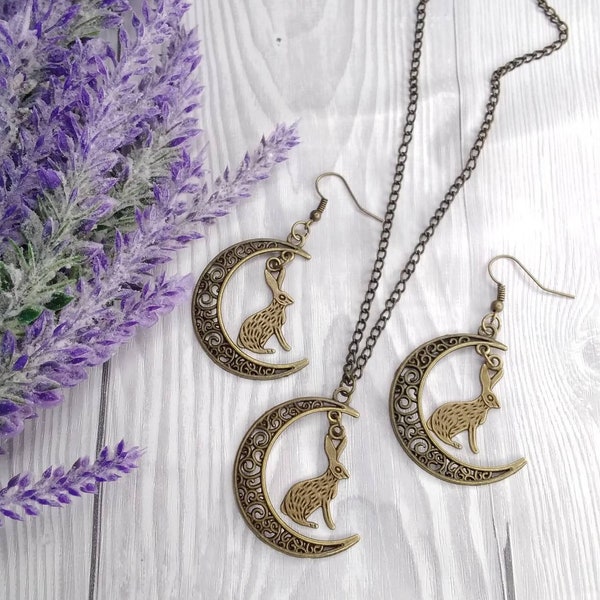 Bronze hare jewelry set, pagan dangles, moon gift, woodland pendant, moon gazing hare, moon pendant, pagan jewelry set, matching gift set