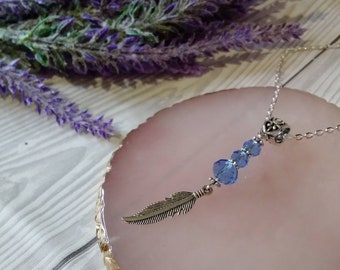 feather pendant, feather necklace, Native American indian, blue crystal jewelry, boho necklace, tribal pendant, feather gifts