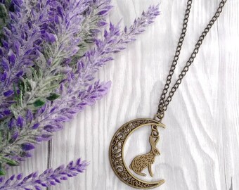 Bronze hare necklace, moon gift, woodland pendant, moon gazing hare, moon pendant, pagan necklace, rabbit necklace, magical hare