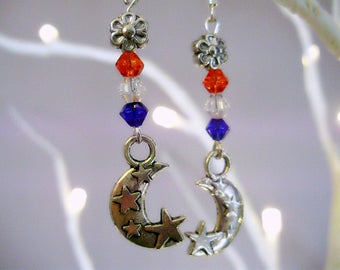 Star earrings, moon earrings, Luna earrings, moon bead earrings, pagan earrings, moon jewelry, luna jewelry, 4th july jewelry