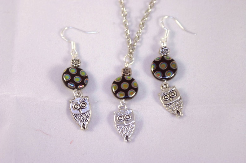 Woodland earrings pagan earrings magical earrings night owl owl dangles pagan gift owl earrings polka dot earrings mystical jewelry