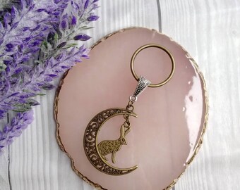 Bronze hare keychain, moon keychain, personalised keychain, bronze pagan keyring, woodland keychain, moon gazing hare, nature keychain