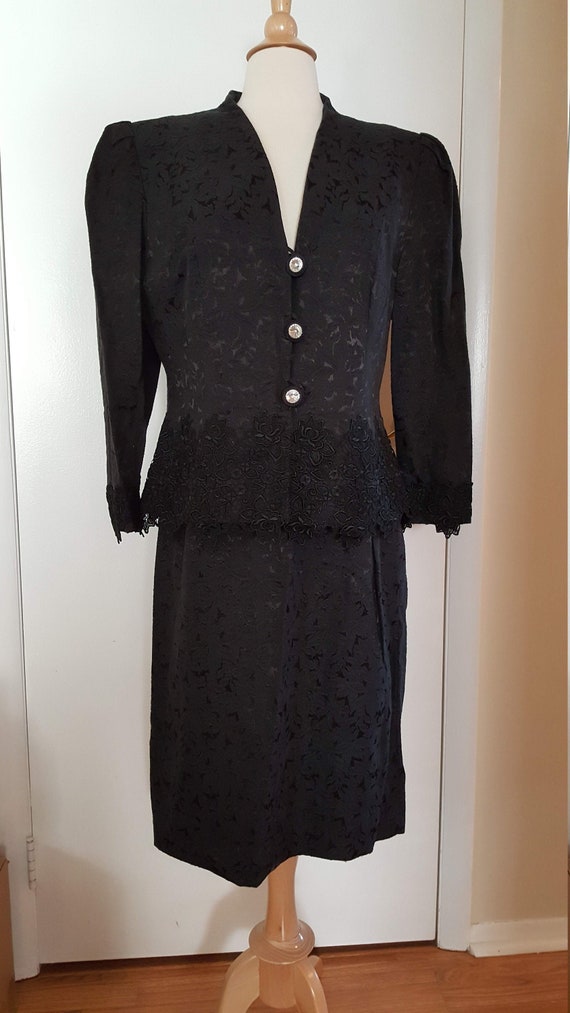 Vintage 1990's Dressy Black Damask 2pc Skirt Suit 