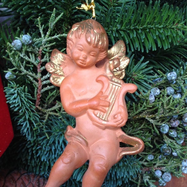 Vintage Christmas Ornament Terra Cotta Clay Pottery Angel Playing Harp