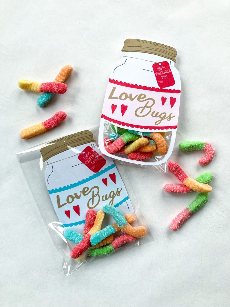 Love Bugs Valentines Day, printable Valentine, gummy worms in jar class Valentines printables image 3