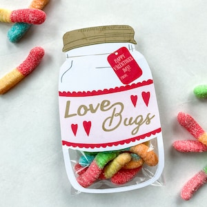 Love Bugs Valentines Day, printable Valentine, gummy worms in jar class Valentines printables image 1