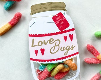 Love Bugs Valentines Day, printable Valentine, gummy worms in jar class Valentines printables