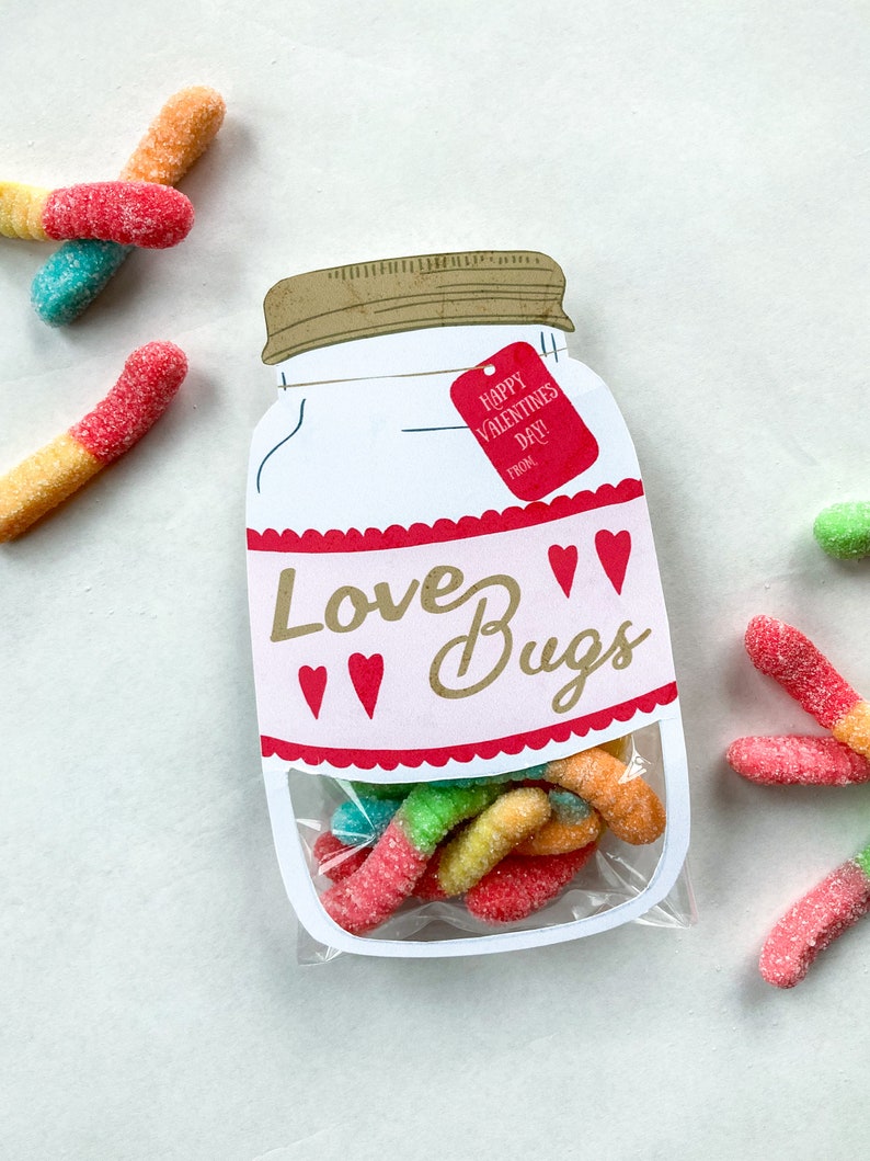 Love Bugs Valentines Day, printable Valentine, gummy worms in jar class Valentines printables image 1