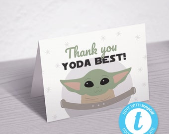 Baby Yoda, Grogu thank you card download, Yoda Mandalorian editable thank you card