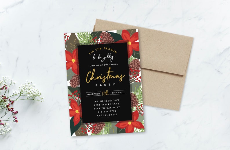 Floral Christmas Party, Printable Invitation image 1