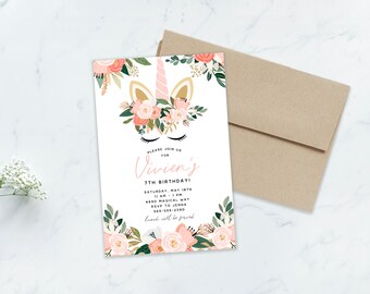 Floral Unicorn, Printable Birthday Invitation