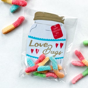 Love Bugs Valentines Day, printable Valentine, gummy worms in jar class Valentines printables image 2