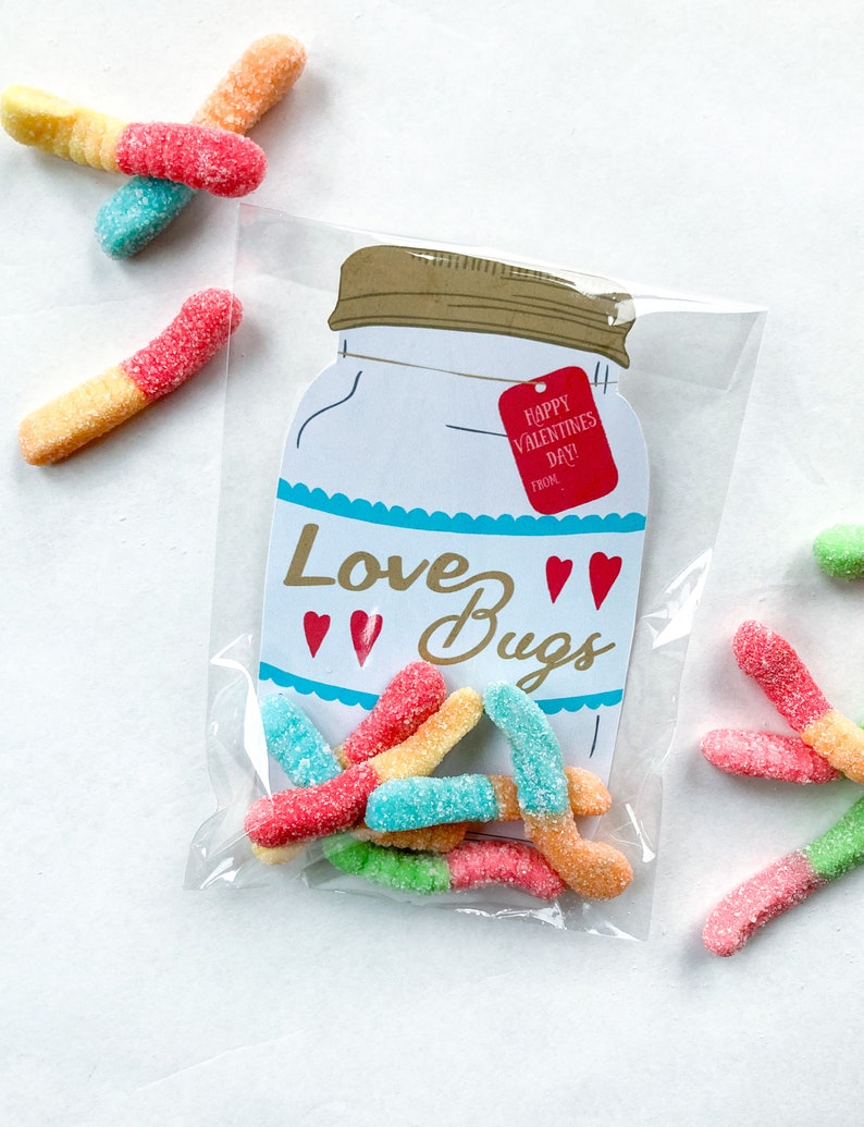 Love Bugs Valentines Day, printable Valentine, gummy worms in jar class Valentines printables image 2