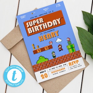 Mario Bros, Retro Mario Brothers invitation download, editable Printable Birthday Invitation