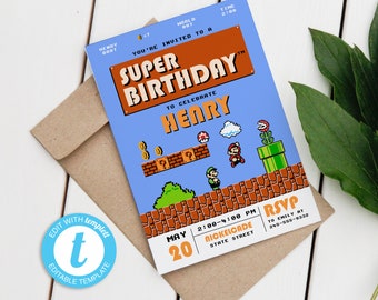 Mario Bros, Retro Mario Brothers invitation download, editable Printable Birthday Invitation