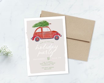 Vintage Car Tree Holiday Party, Printable Invitation