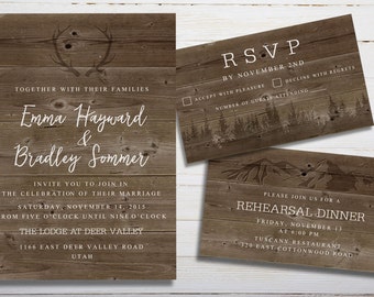 Rustic Wood Mountain Wedding Set, Printable Invitation