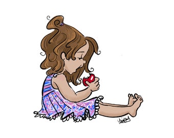 Pode incluir: Uma menina com cabelo castanho vestindo um vestido estampado em roxo e azul senta-se com as pernas cruzadas e come uma maçã vermelha.