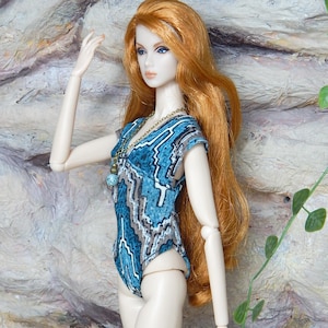 Ikat pattern swimsuit | 1/6 scale doll reversible blue brown bodysuit | Fit for MTM, FR2, Poppy Parker, NuFace | Doll clothing