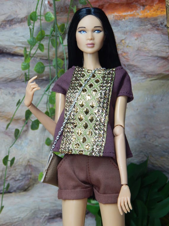 Berry boho t-shirt with metallic trim | 1/6 scale doll burgundy festival shirt | Fit for FR2, MTM, Poppy Parker, NuFace | Doll clothing