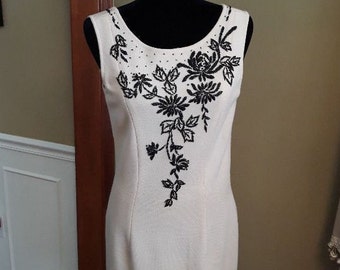 Vintage Cream Sleeveless Wool Dress with Black Floral Beading