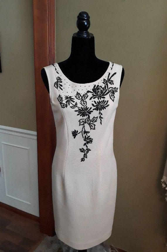 Vintage Cream Sleeveless Wool Dress with Black Flo