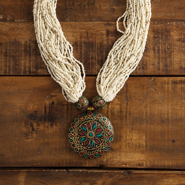 Handmade Necklace Boho Tibetan Cream Multi Strand Seed Beaded Turquoise Stone Vintage Brass Concho Pendant Heavy Pendant Coral Inlay