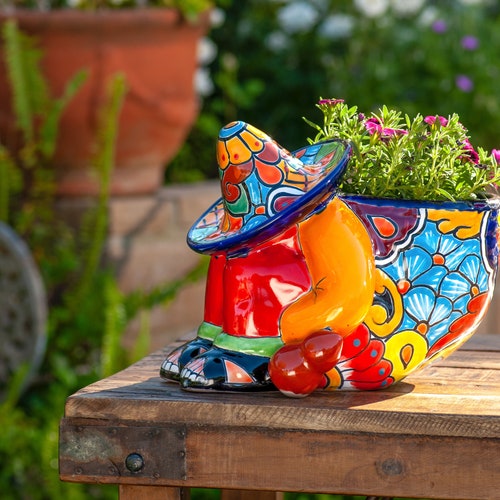 Mexican Talavera Pottery Flower Pot Sleeping Man Siesta Colorful Indoor Outdoor Planter Drainage Garden Decor Patio Mother's Day Gift