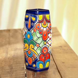 9.5" Ceramic Stem Vase, Cobalt, Talavera Mexican Pottery, Hand-Painted Floral Pattern, Colorful Home Decor, Indoor/Outdoor Use