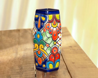 9.5" Ceramic Stem Vase, Cobalt, Talavera Mexican Pottery, Hand-Painted Floral Pattern, Colorful Home Decor, Indoor/Outdoor Use
