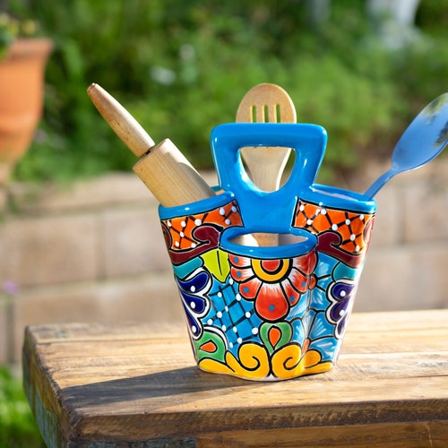 Talavera Mexican Ceramic Pottery Kitchen Utensil Holder Spoon Holder hotsell Decor Organizer Dinner Party Utensil Crock Jar Turquoise