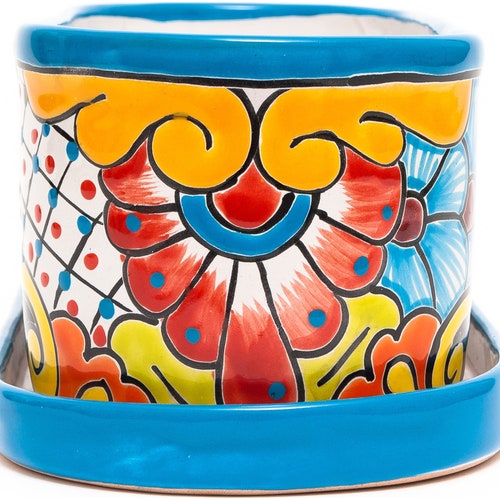 Talavera Mexican Ceramic Pottery Flower Pot Succulent Planter Heavy Garden Home Decor W/ Drip Dish & Drainage shops Large Turquoise