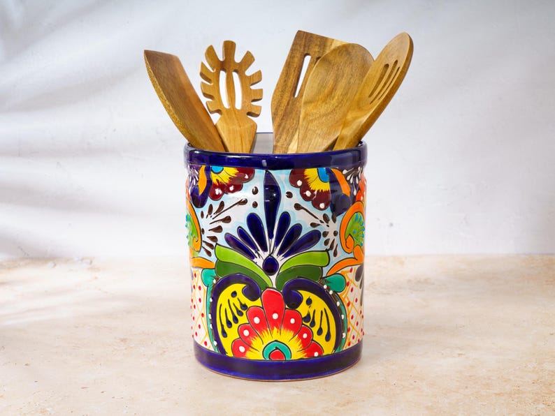 Handmade Talavera Utensil Holder: Mexican Kitchen Decor