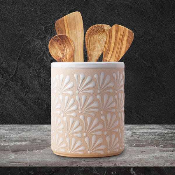 Handmade Talavera Utensil Holder: Mexican Kitchen Decor Engobe White on White