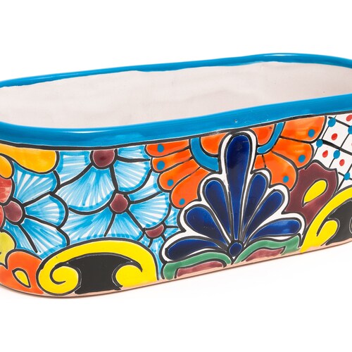 Talavera Mexican Ceramic Pottery Flower Pot Succulent Planter Heavy Garden Home Decor W/ Drip Dish & Drainage shops Large Turquoise