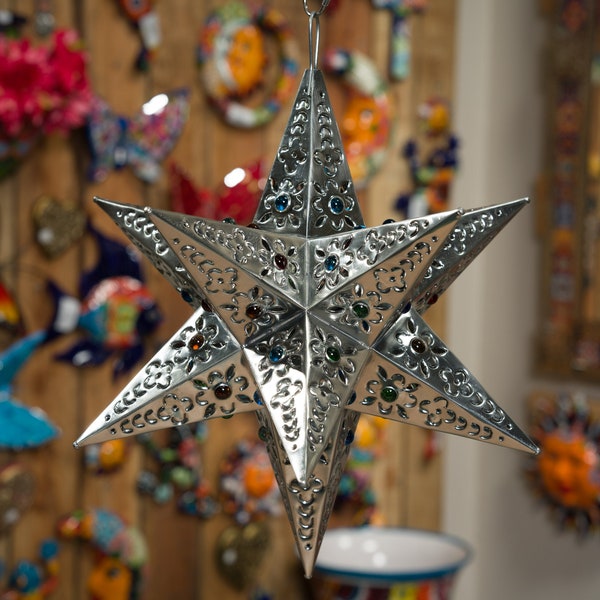 Star Suncatcher Tin Marbles Estrella Mexican Folk Art Talavera Morocco Mexican Talavera Star Lamp Pendant Light Dia De Los Muertos Moravian