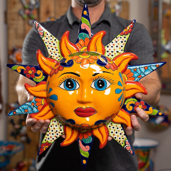 PRE-ORDER Large Sun Face Mexican Talavera Outdoor Decor Wall Art Indoor Garden Entryway Mexico Folk Art Ceramic Pottery Astrology