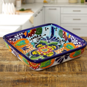 Talavera Square Ceramic Baking Dish Bowl Plate Handmade Mexican Pottery Colorful Spanish Moroccan Style Home and Kitchen Decor Handpainted