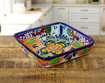Talavera Square Ceramic Baking Dish Bowl Plate Handmade Mexican Pottery Colorful Spanish Moroccan Style Home and Kitchen Decor Handpainted