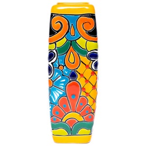 9.5 Ceramic Stem Vase, Yellow, Talavera Mexican Pottery, Hand-Painted Floral Pattern, Colorful Home Decor, Indoor/Outdoor Use image 3