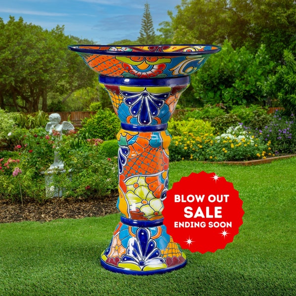 28" Ceramic Birdbath, Cobalt, Bird Feeder, Handmade Mexican Talavera Pottery, Colorful Home and Garden Bath Decor, Dramatic Sculpture Art
