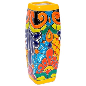 9.5 Ceramic Stem Vase, Yellow, Talavera Mexican Pottery, Hand-Painted Floral Pattern, Colorful Home Decor, Indoor/Outdoor Use image 2